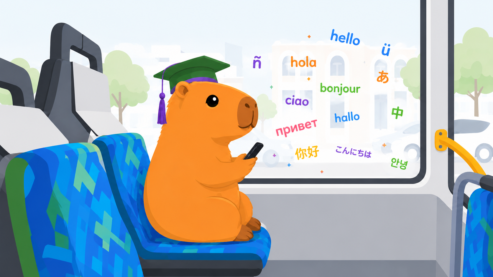 Capybara practicing languages on a phone while riding the bus