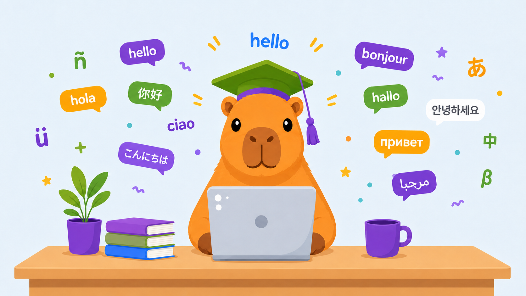 Capybara surrounded by greetings in many languages